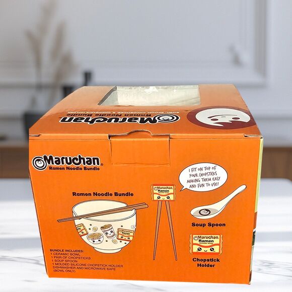 Ramen Bowl Maruchan Kawaii Noodles Ceramic Bowl with Reusable Bamboo Chopsticks - Picture 3 of 5